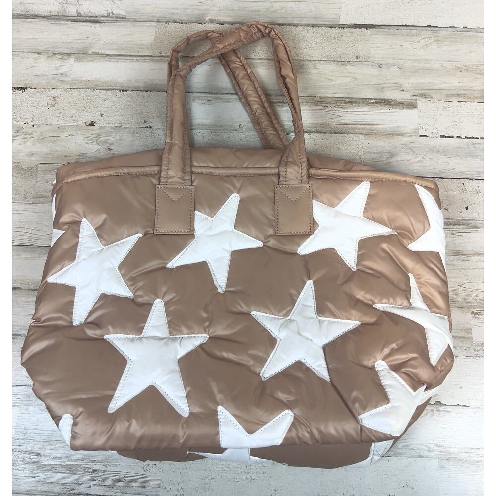 SINCERELY JULES Large Puffer Tote Bag Nude Beige White Stars Quilted Shoulder - Picture 2 of 7